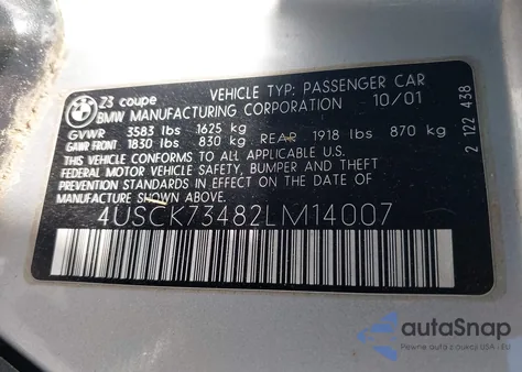 2002 BMW Z3 3.0I z USA, uszkodzony, nr VIN 4USCK73482LM14007